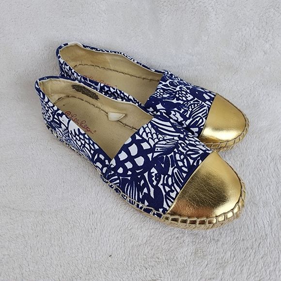 Lily Pulitzer Womens Blue White Floral Canvas Gold Toe Espadrill Slip On Flats 6 - Picture 1 of 8